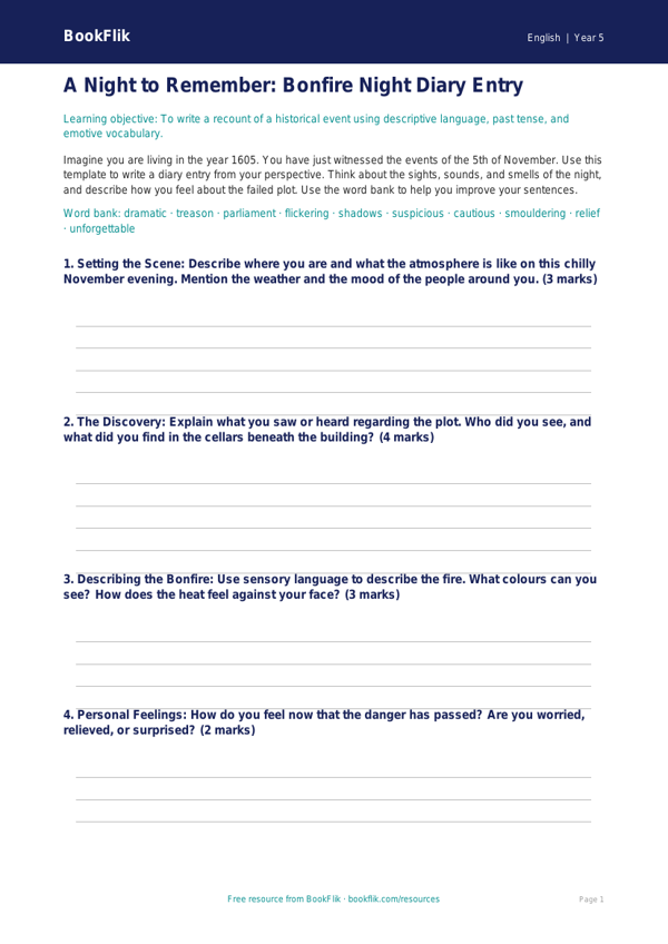 Free Bonfire Night Template | Year 5 Core | BookFlik worksheet preview — English Bonfire Night