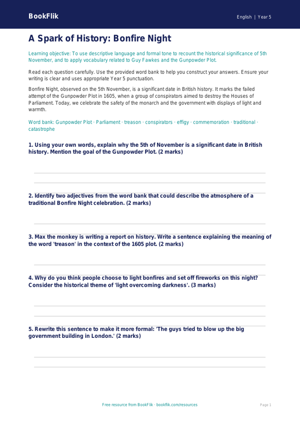 Free Bonfire Night Worksheet | Year 5 Core | BookFlik worksheet preview — English Bonfire Night
