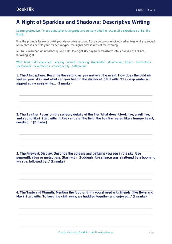 Free Bonfire Night Writing Frame | Year 5 Core | BookFlik worksheet preview — English Bonfire Night