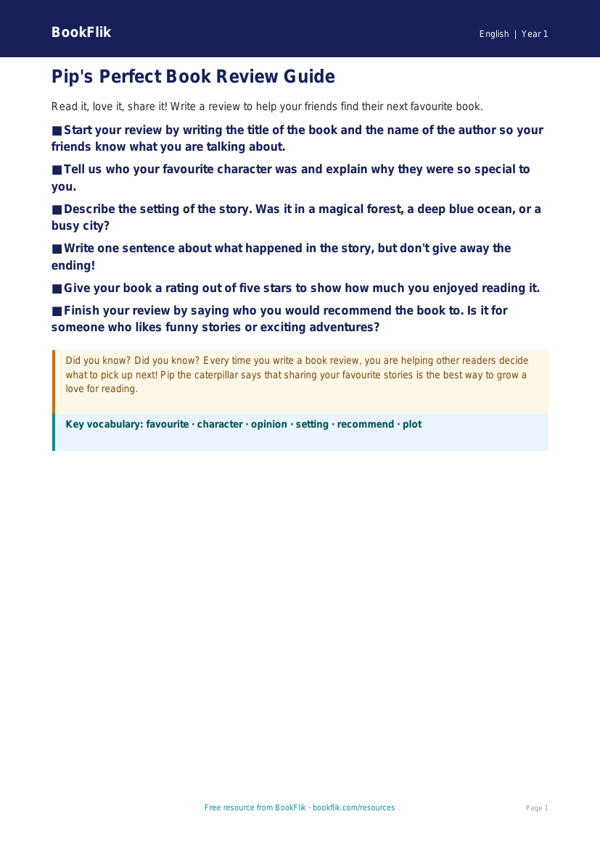 Free Book Review Poster | Year 1 Core | BookFlik worksheet preview — English Book Review