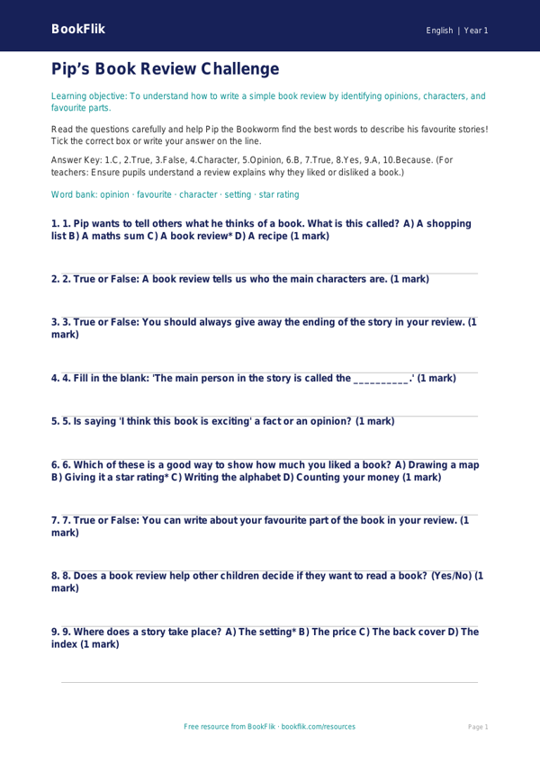 Free Book Review Quiz | Year 1 Core | BookFlik worksheet preview — English Book Review