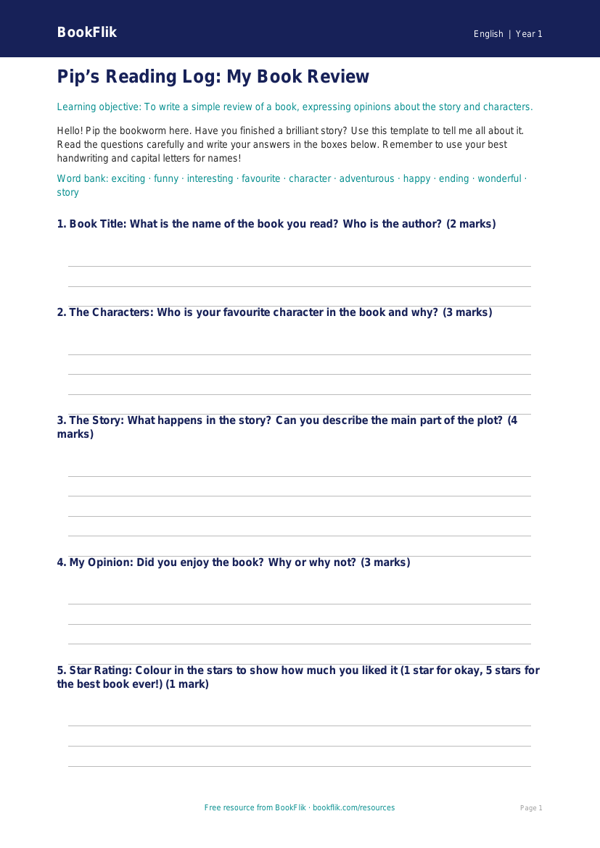 Free Book Review Template | Year 1 Core | BookFlik worksheet preview — English Book Review
