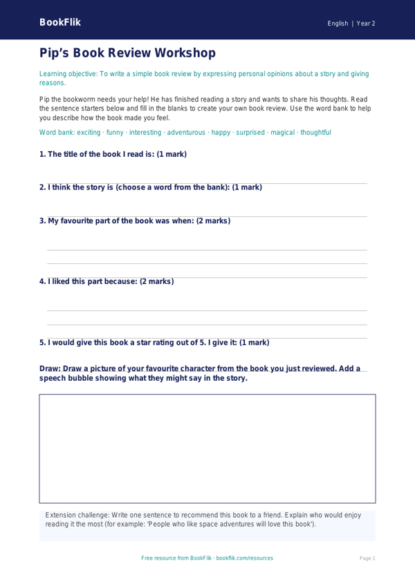 Free Book Review Activity Sheet | Year 2 Core | BookFlik worksheet preview — English Book Review