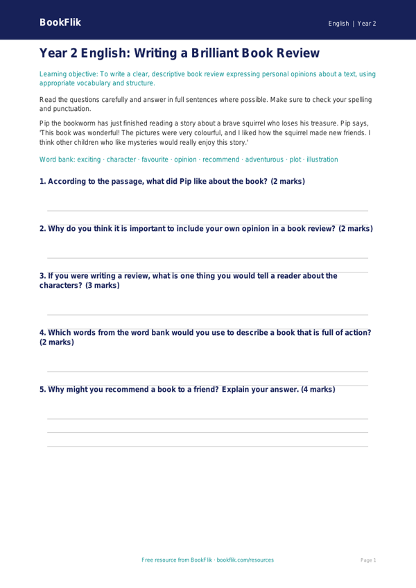 Free Book Review Assessment | Year 2 Core | BookFlik worksheet preview — English Book Review