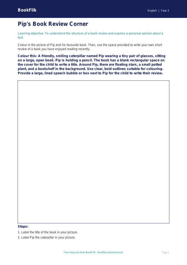 Free Book Review Colouring Page | Year 2 Core | BookFlik worksheet preview — English Book Review