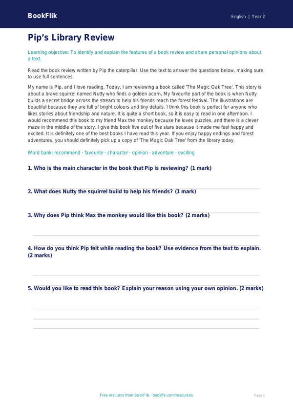 Free Book Review Comprehension Worksheet | Year 2 Core | BookFlik worksheet preview — English Book Review