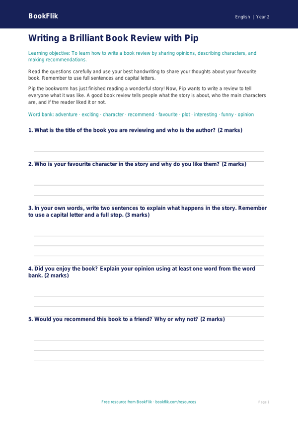 Free Book Review Worksheet | Year 2 Core | BookFlik worksheet preview — English Book Review