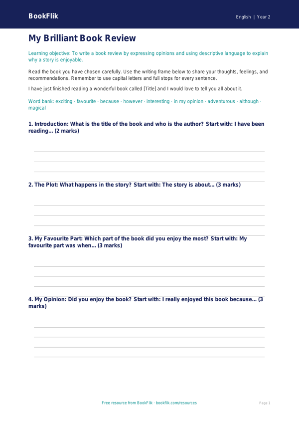 Free Book Review Writing Frame | Year 2 Core | BookFlik worksheet preview — English Book Review