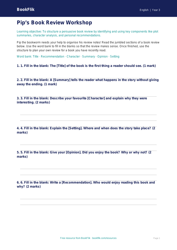 Free Book Review Activity Sheet | Year 3 Core | BookFlik worksheet preview — English Book Review
