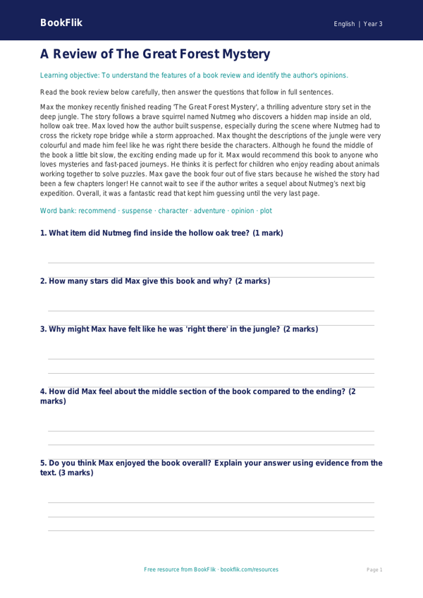 Free Book Review Comprehension | Year 3 Core | BookFlik worksheet preview — English Book Review