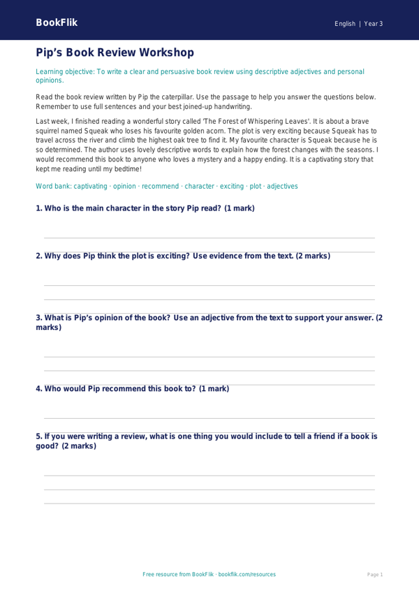 Free Book Review Track Sheet | Year 3 Core | BookFlik worksheet preview — English Book Review