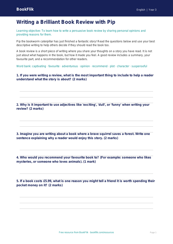 Free Book Review Worksheet | Year 3 Core | BookFlik worksheet preview — English Book Review