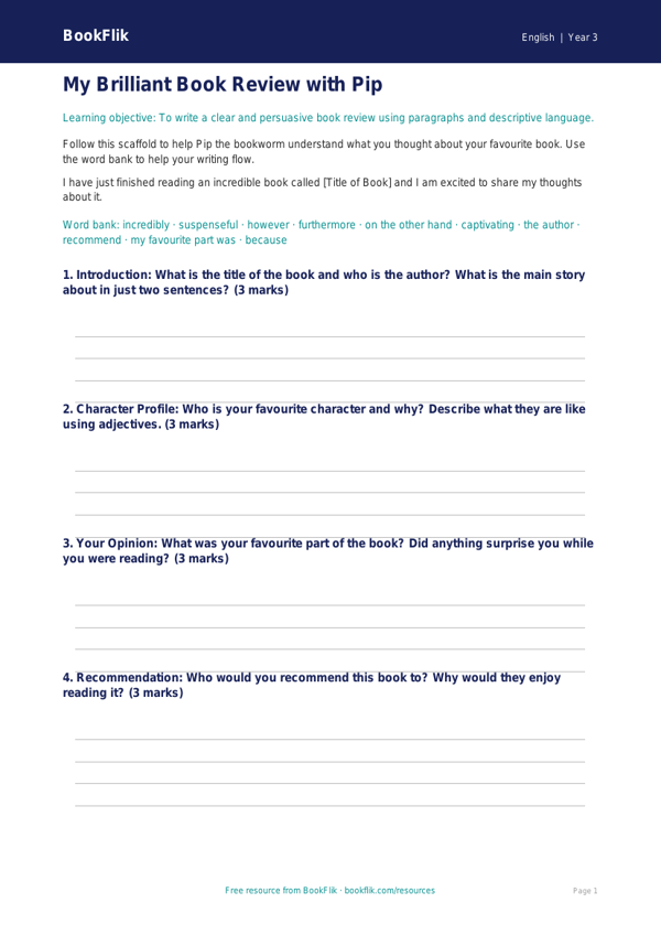 Free Book Review Writing Frame | Year 3 Core | BookFlik worksheet preview — English Book Review