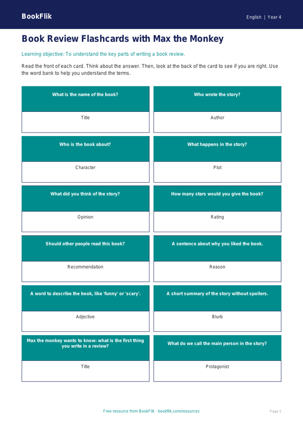 Free Book Review Flashcards | Year 4 Supported | BookFlik worksheet preview — English Book Review