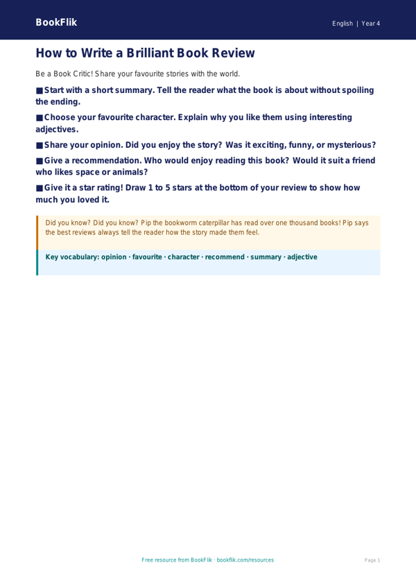 Free Book Review Poster | Year 4 Supported | BookFlik worksheet preview — English Book Review