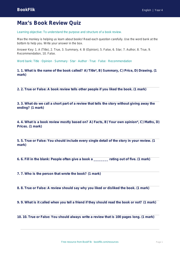 Free Book Review Quiz | Year 4 Supported | BookFlik worksheet preview — English Book Review