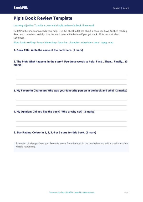 Free Book Review Template | Year 4 Supported | BookFlik worksheet preview — English Book Review