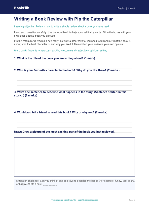 Free Book Review Worksheet | Year 4 Supported | BookFlik worksheet preview — English Book Review