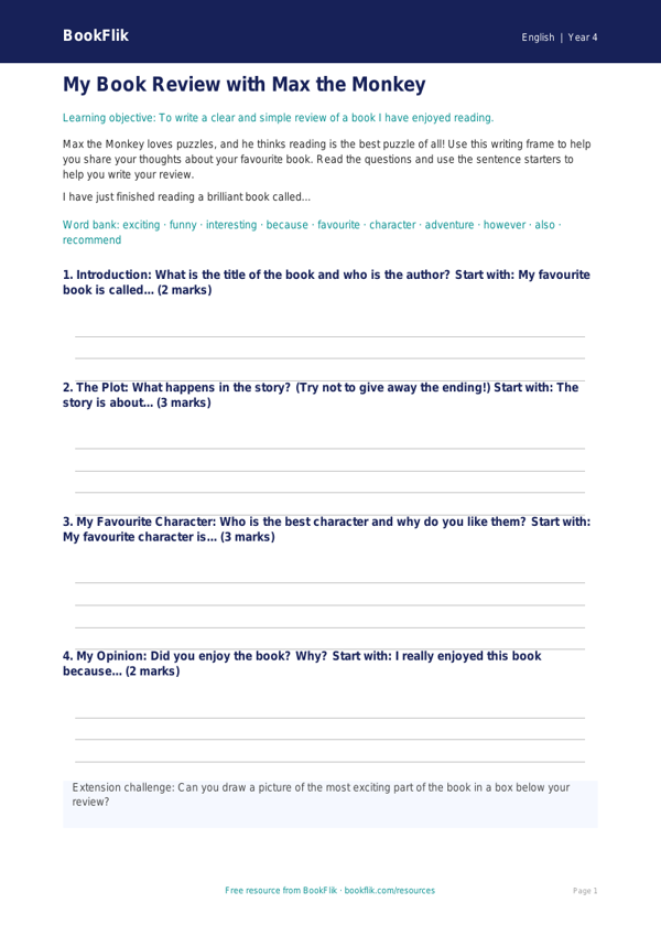 Free Book Review Writing Frame | Year 4 Supported | BookFlik worksheet preview — English Book Review