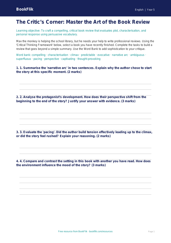 Free Book Review Activity Sheet | Year 5 Greater Depth | BookFlik worksheet preview — English Book Review
