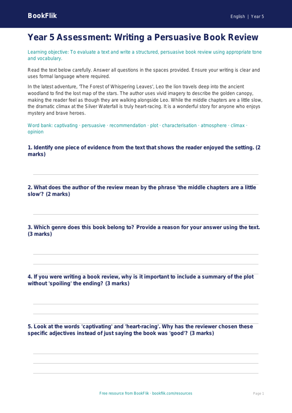 Free Book Review Assessment | Year 5 Core | BookFlik worksheet preview — English Book Review
