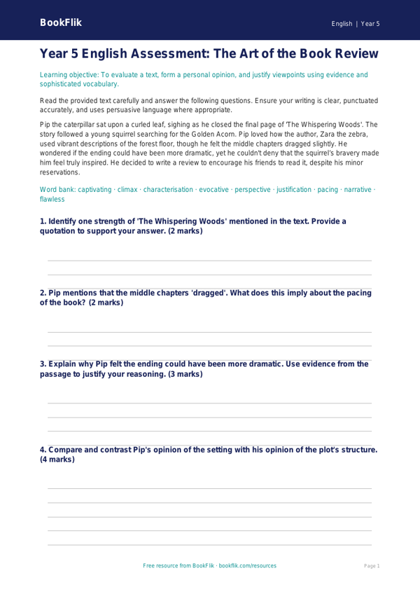 Free Book Review Assessment | Year 5 Greater Depth | BookFlik worksheet preview — English Book Review