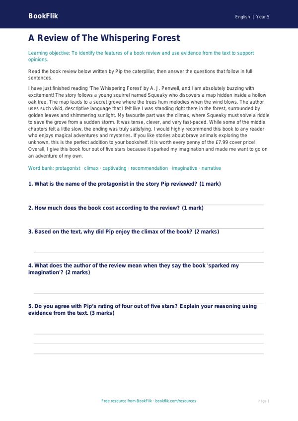 Free Book Review Comprehension | Year 5 Core | BookFlik worksheet preview — English Book Review