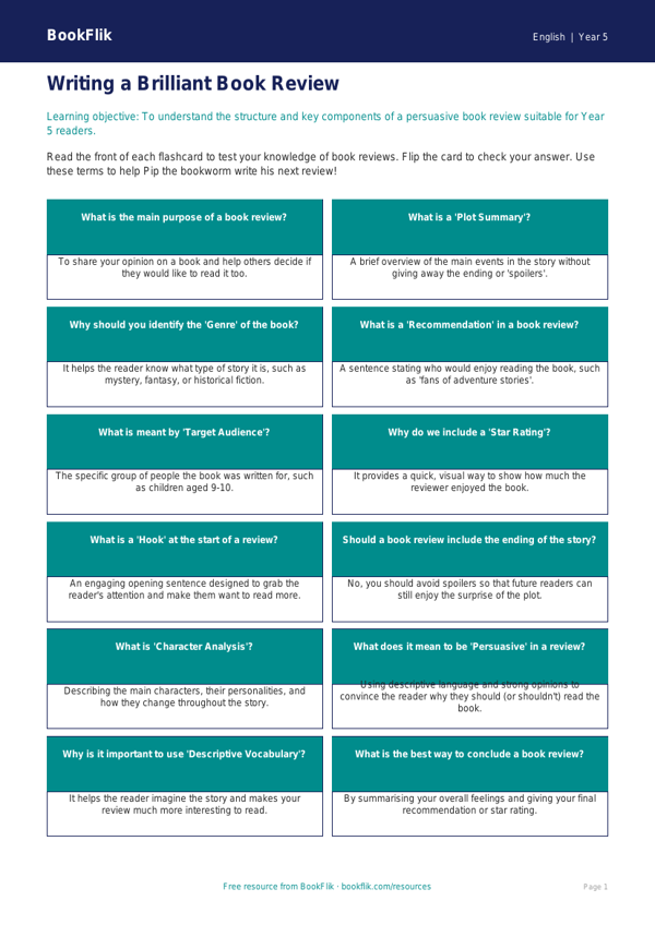 Free Book Review Flashcards | Year 5 Core | BookFlik worksheet preview — English Book Review