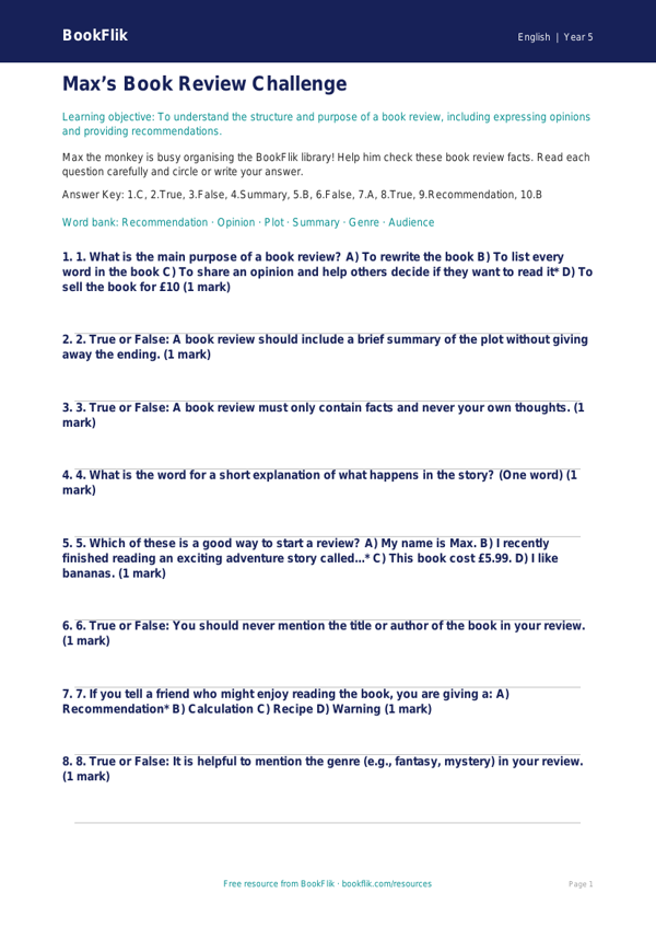 Free Book Review Quiz | Year 5 Core | BookFlik worksheet preview — English Book Review