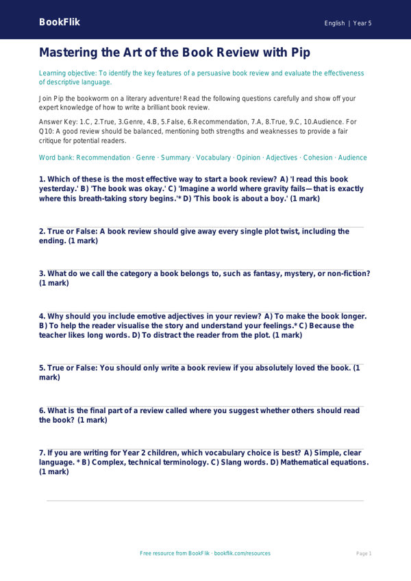 Free Book Review Quiz | Year 5 Greater Depth | BookFlik worksheet preview — English Book Review