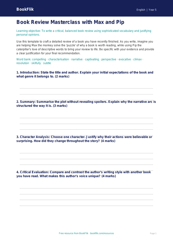 Free Book Review Template | Year 5 Greater Depth | BookFlik worksheet preview — English Book Review