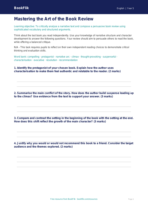 Free Book Review Worksheet | Year 5 Greater Depth | BookFlik worksheet preview — English Book Review