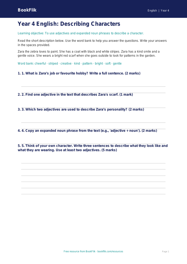 Free Character Description Assessment | Year 4 Supported | BookFlik worksheet preview — English Character Description