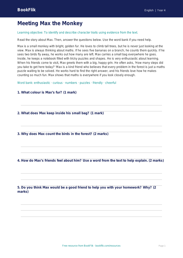 Free Character Description Comprehension | Year 4 Supported | BookFlik worksheet preview — English Character Description