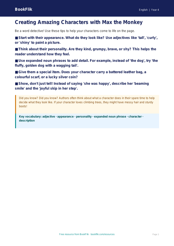 Free Character Description Poster | Year 4 Supported | BookFlik worksheet preview — English Character Description