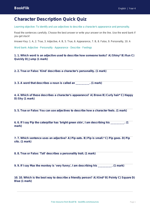 Free Character Description Quiz | Year 4 Supported | BookFlik worksheet preview — English Character Description