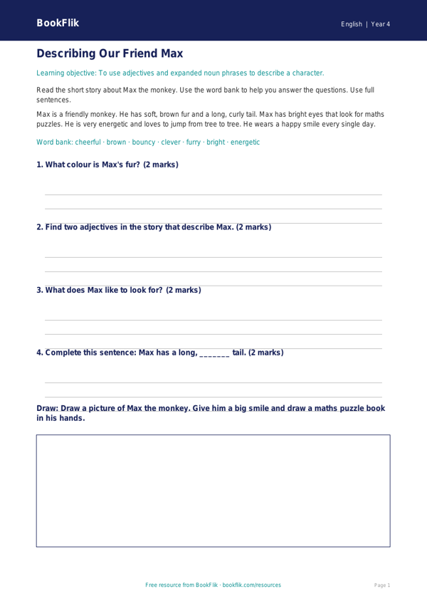Free Character Description Track Sheet | Year 4 Supported | BookFlik worksheet preview — English Character Description