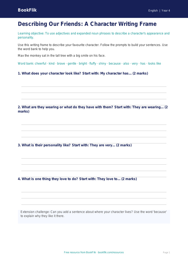 Free Character Description Writing Frame | Year 4 Supported | BookFlik worksheet preview — English Character Description