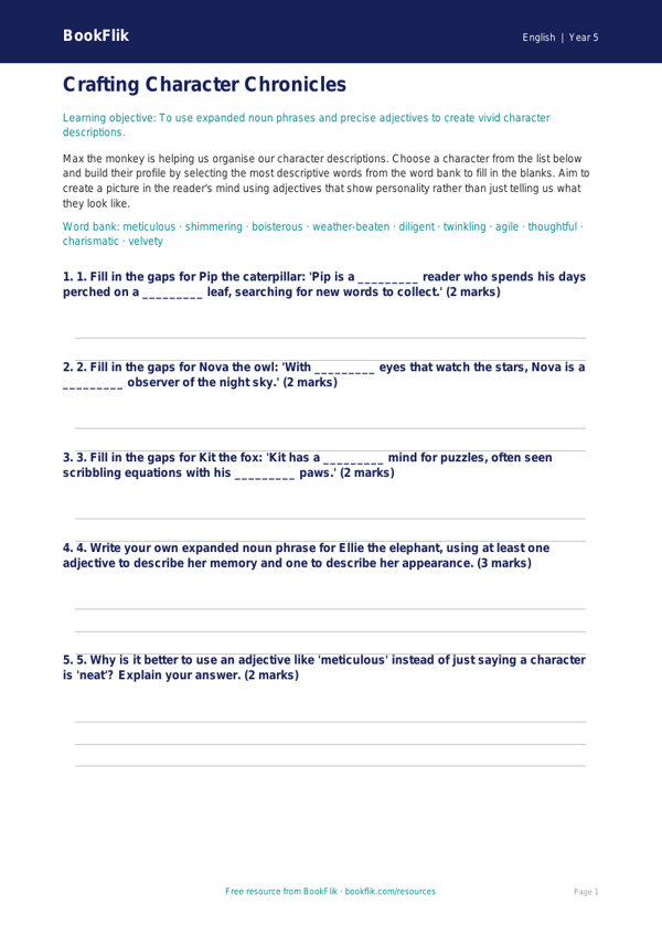 Free Character Description Activity Sheet | Year 5 Core | BookFlik worksheet preview — English Character Description