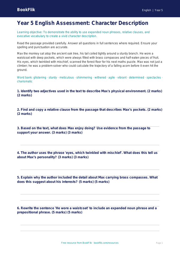 Free Character Description Assessment | Year 5 Core | BookFlik worksheet preview — English Character Description