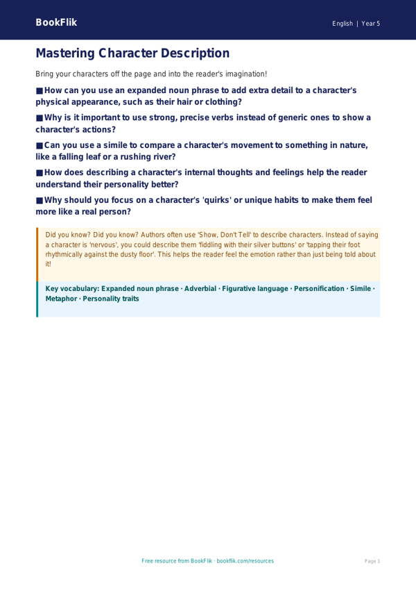 Free Character Description Poster | Year 5 Core | BookFlik worksheet preview — English Character Description