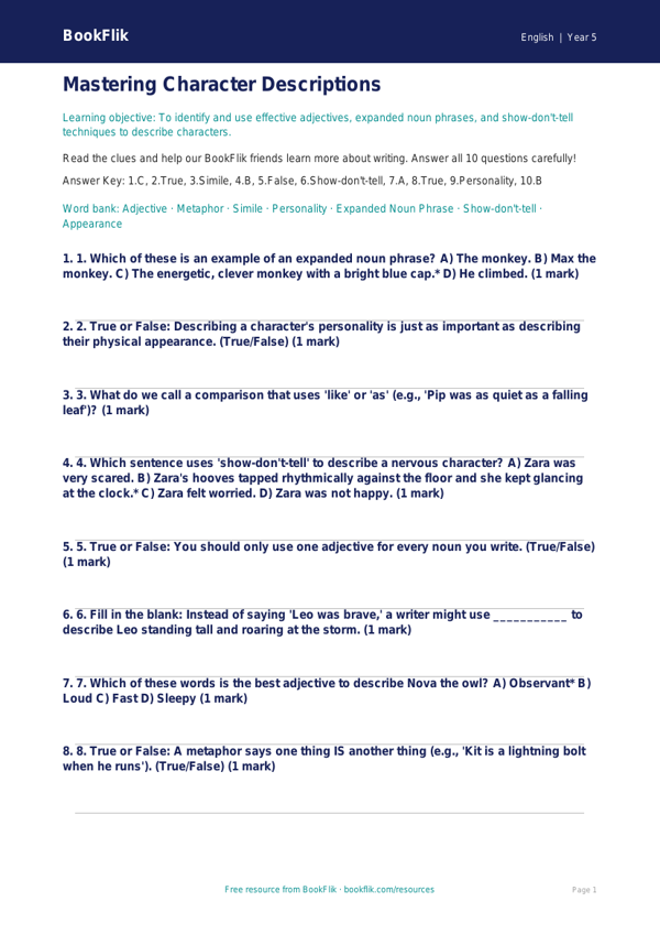 Free Character Description Quiz | Year 5 Core | BookFlik worksheet preview — English Character Description