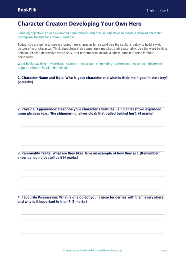 Free Character Description Template | Year 5 Core | BookFlik worksheet preview — English Character Description
