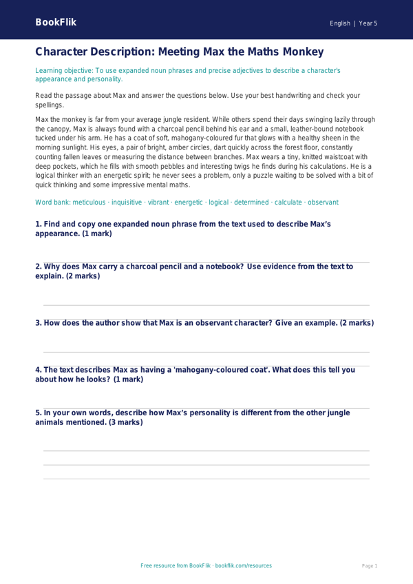 Free Character Description Track Sheet | Year 5 Core | BookFlik worksheet preview — English Character Description