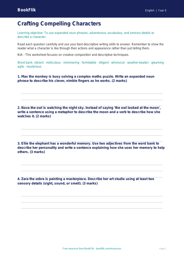 Free Character Description Worksheet | Year 5 Core | BookFlik worksheet preview — English Character Description
