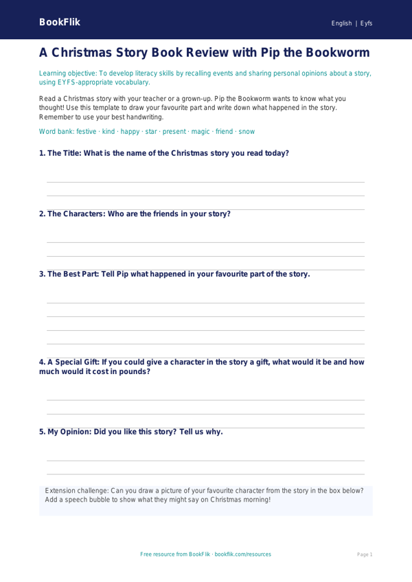 Free Christmas Story Template | EYFS Core | BookFlik worksheet preview — English Christmas Story
