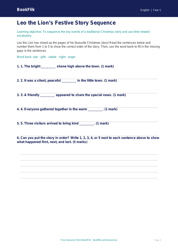 Free Christmas Story Activity Sheet | Year 1 Core | BookFlik worksheet preview — English Christmas Story