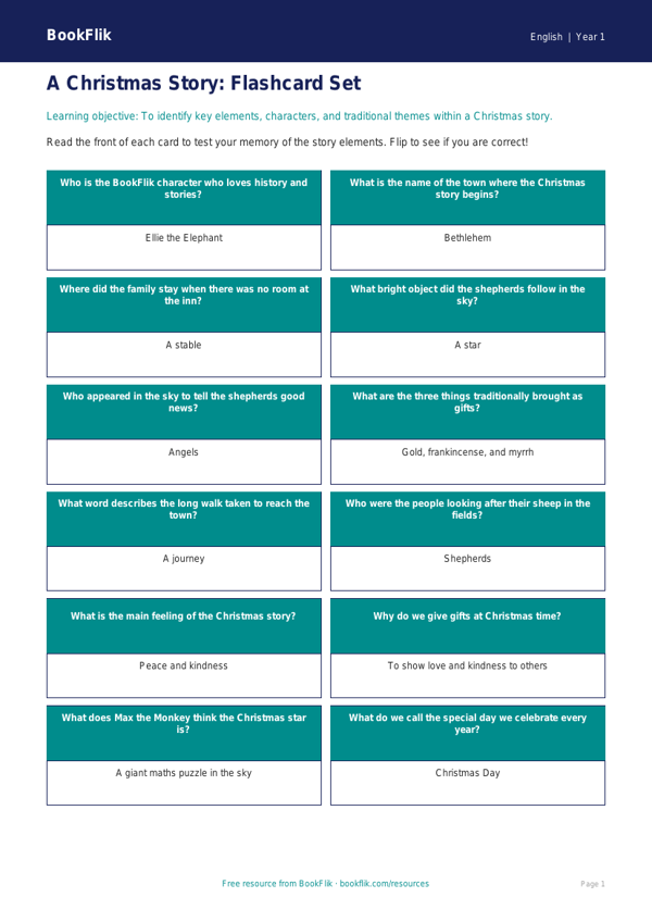 Free Christmas Story Flashcards | Year 1 Core | BookFlik worksheet preview — English Christmas Story