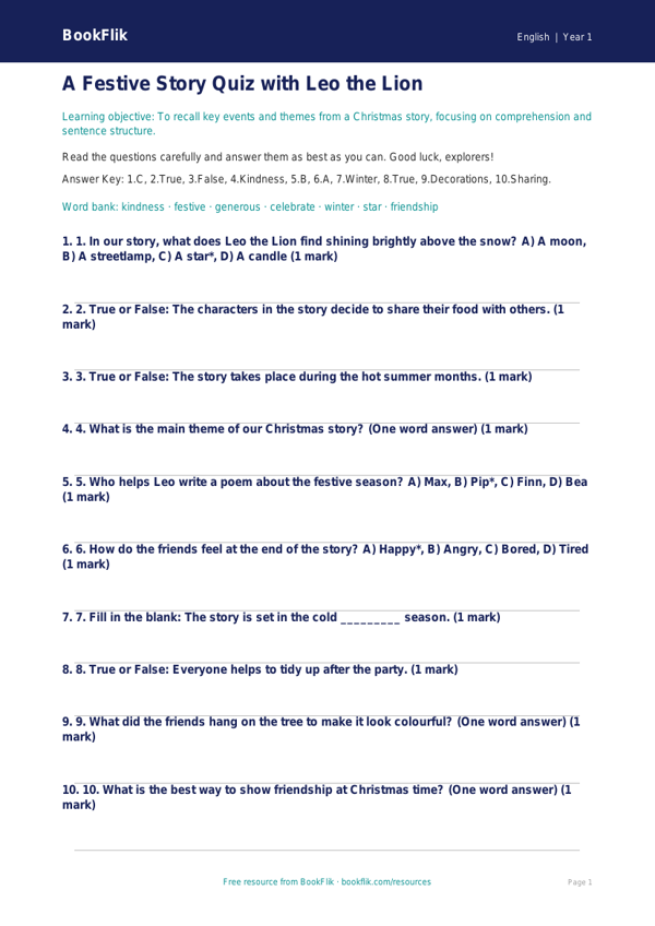 Free Christmas Story Quiz | Year 1 Core | BookFlik worksheet preview — English Christmas Story