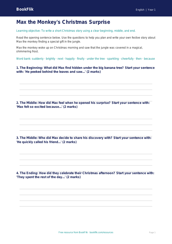 Free Christmas Story Writing Frame | Year 1 Core | BookFlik worksheet preview — English Christmas Story